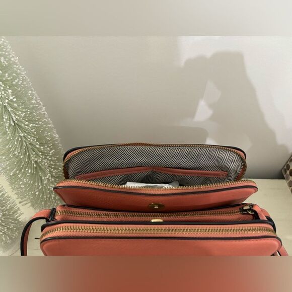 Dusty Orange Crossbody, 4 Zipper Compartments, 3 Slip Pockets, Adjustable Strap - Picture 6 of 12